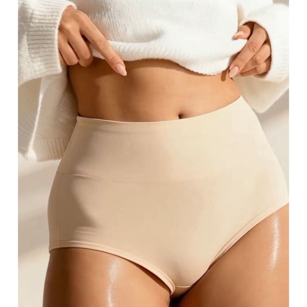 Womens M Beige High Waisted Cotton Panties Tummy Control Briefs Comfy Underwear